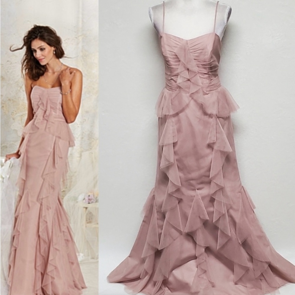 NWT Alfred Angelo Formal Evening Gown Blush Tulle Ruffle Maxi Sz 10